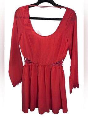 Boho Coral Red Long Sleeve Mini Dress w/ Lace Cut Out Details & Low V Back | M